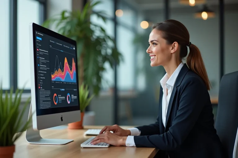 Femme professionnelle analysant des statistiques de visibilité en ligne sur un écran d'ordinateur dans un bureau moderne