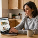 Femme consultant des annonces familiales en ligne sur un ordinateur portable dans une cuisine moderne