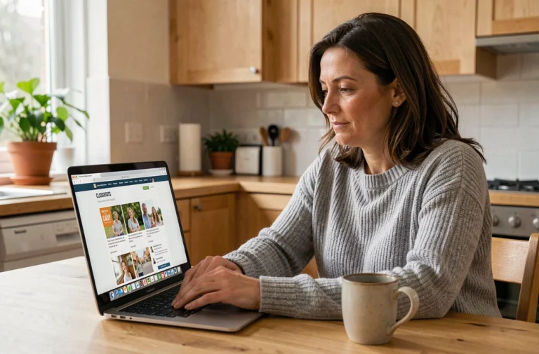 Femme consultant des annonces familiales en ligne sur un ordinateur portable dans une cuisine moderne