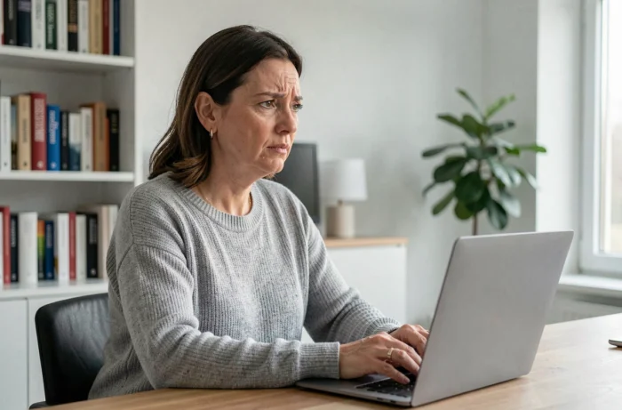 Femme pensive dans un bureau à domicile moderne, symbolisant la frontière entre espace privé et regard médiatique