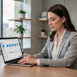 Femme professionnelle utilisant OneDrive sur un ordinateur portable dans un bureau moderne avec stockage cloud Microsoft