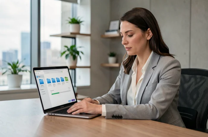Femme professionnelle utilisant OneDrive sur un ordinateur portable dans un bureau moderne avec stockage cloud Microsoft