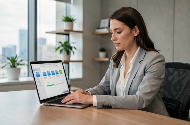 Femme professionnelle utilisant OneDrive sur un ordinateur portable dans un bureau moderne avec stockage cloud Microsoft