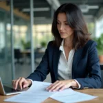 Femme cadre analysant des documents financiers et stratégies d'investissement sur son bureau en 2024