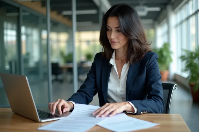 Femme cadre analysant des documents financiers et stratégies d'investissement sur son bureau en 2024