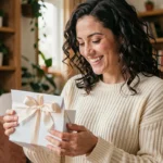 Femme souriante tenant une carte cadeau enveloppée dans un salon décoré avec soin