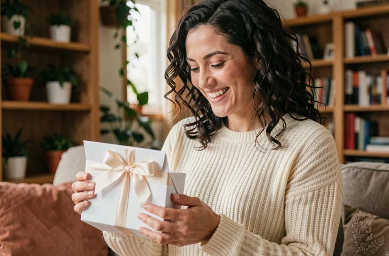 Femme souriante tenant une carte cadeau enveloppée dans un salon décoré avec soin