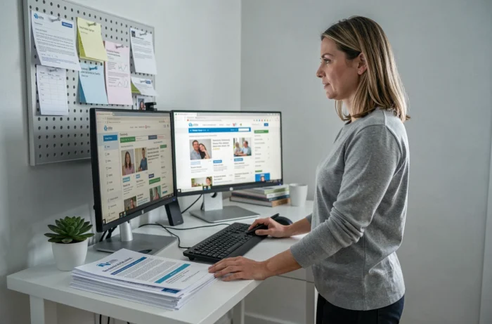 Femme comparant des annonces familiales en ligne sur deux écrans dans un bureau à domicile