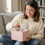 Femme déballant une box beauté mensuelle sur son canapé avec sourire naturel et produits cosmétiques en évidence
