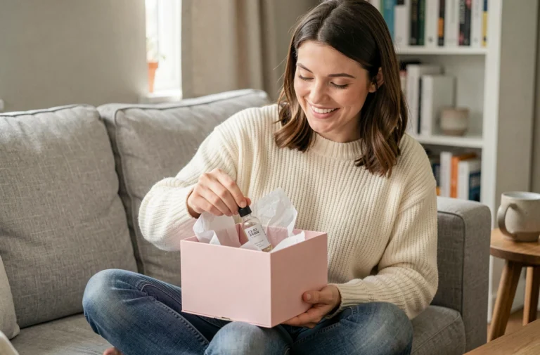 Femme déballant une box beauté mensuelle sur son canapé avec sourire naturel et produits cosmétiques en évidence