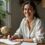 Femme écrivant une carte postale de vacances à la main avec un livre de grammaire française ouvert sur son bureau