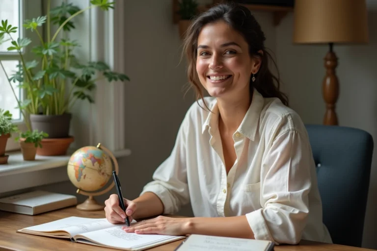 Femme écrivant une carte postale de vacances à la main avec un livre de grammaire française ouvert sur son bureau