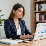 Femme entrepreneur analysant des graphiques de croissance de son business en ligne sur un ordinateur portable dans un bureau moderne