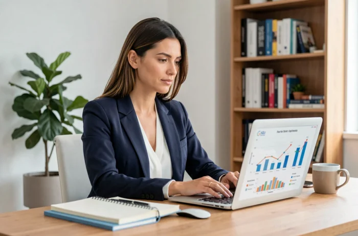 Femme entrepreneur analysant des graphiques de croissance de son business en ligne sur un ordinateur portable dans un bureau moderne