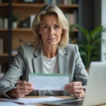 Femme examinant attentivement un chèque de caution à son bureau à domicile