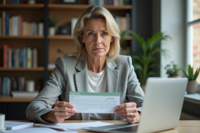 Femme examinant attentivement un chèque de caution à son bureau à domicile