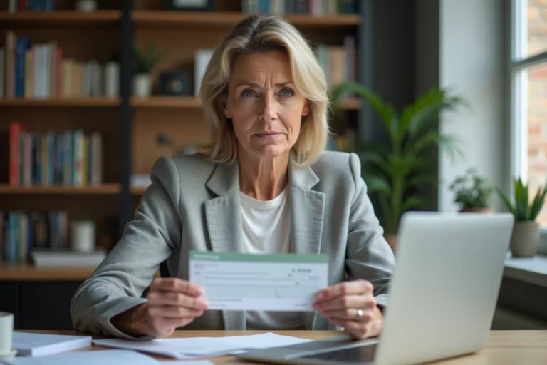 Femme examinant attentivement un chèque de caution à son bureau à domicile