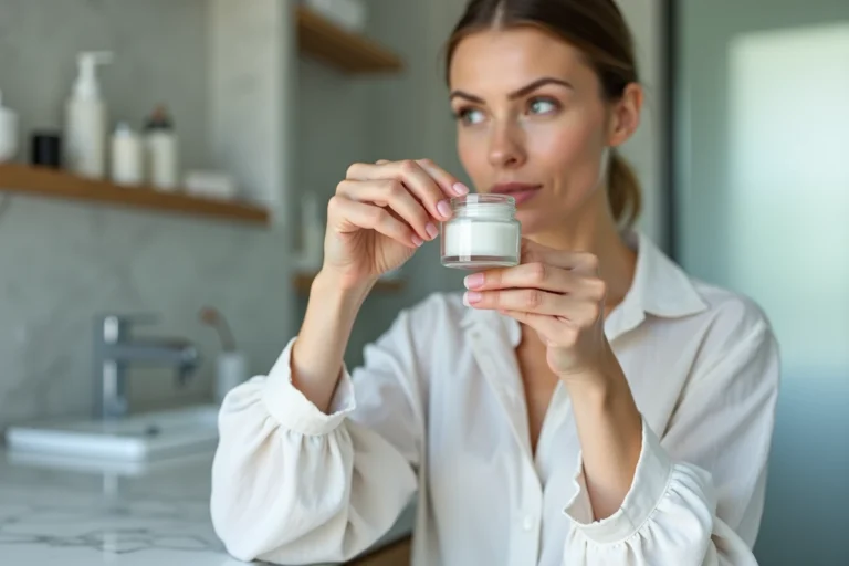 Femme examinant un pot de crème cosmétique dans une salle de bain minimaliste pour vérifier les ingrédients du maquillage