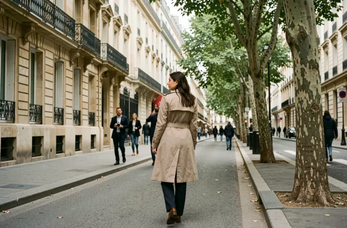 Femme traversant un boulevard parisien sous un trench beige, image symbolisant l'exposition publique involontaire et la vie privée