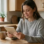 Femme parcourant un forum spécialisé FIV sur sa tablette dans une cuisine cosy, cherchant des conseils et témoignages sur la fécondation in vitro