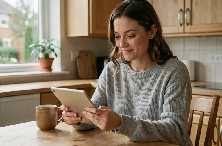 Femme parcourant un forum spécialisé FIV sur sa tablette dans une cuisine cosy, cherchant des conseils et témoignages sur la fécondation in vitro