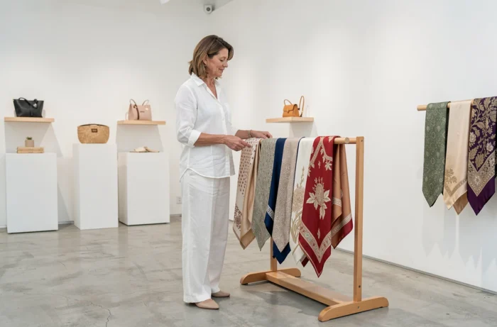 Woman choosing colorful silk scarves in a minimalist and clean fashion boutique