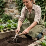 Femme utilisant une grelinette dans un potager bio avec des légumes verts et un mur en pierre rustique