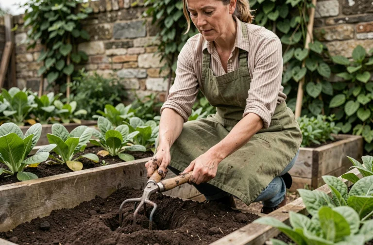 Femme utilisant une grelinette dans un potager bio avec des légumes verts et un mur en pierre rustique