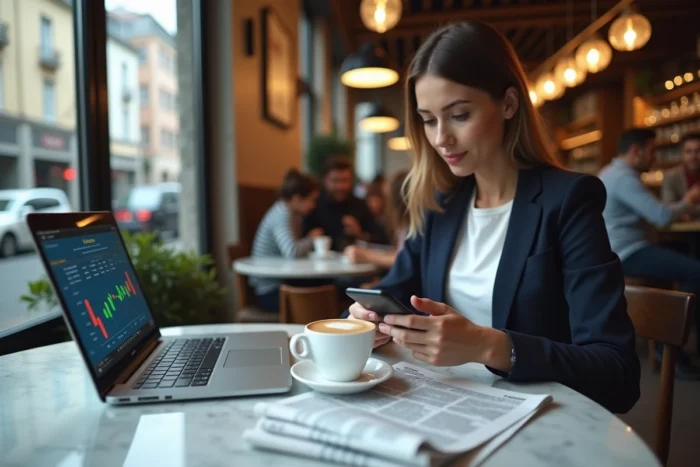 Femme consultant son application de trading boursier sur smartphone dans un café moderne