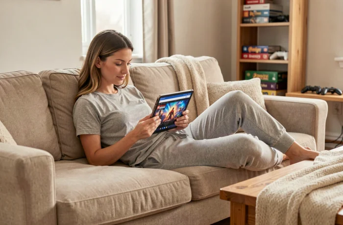 Femme allongée sur un canapé consultant une boutique de jeux vidéo en ligne sur une tablette dans un salon cosy