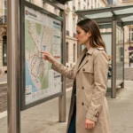 Femme consultant le plan des transports en commun de Bordeaux à un arrêt de tramway