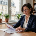 Femme professionnelle analysant des documents d'investissement immobilier dans un bureau parisien moderne