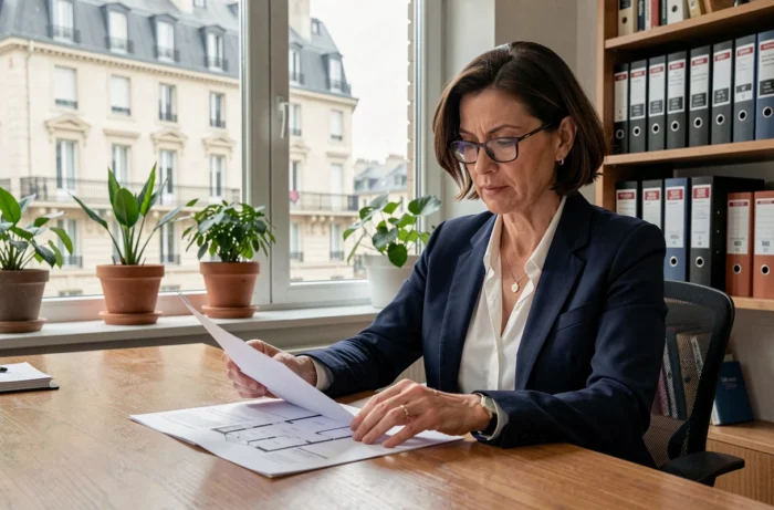 Femme professionnelle analysant des documents d'investissement immobilier dans un bureau parisien moderne