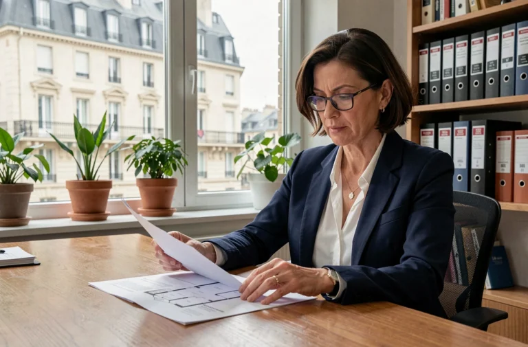 Femme professionnelle analysant des documents d'investissement immobilier dans un bureau parisien moderne