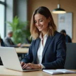 Femme professionnelle rédigeant un email professionnel sur un ordinateur portable dans un bureau moderne, cherchant une alternative à 'à vous lire'