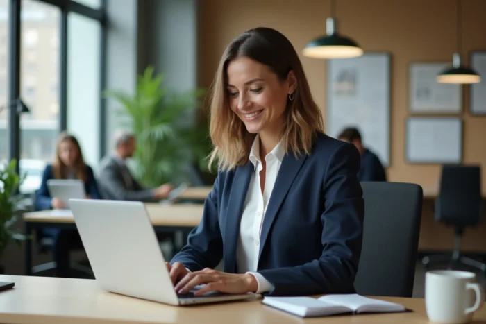 Femme professionnelle rédigeant un email professionnel sur un ordinateur portable dans un bureau moderne, cherchant une alternative à 'à vous lire'