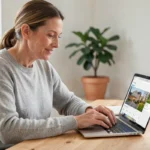 Femme consultant des annonces immobilières en ligne sur un ordinateur portable dans un bureau à domicile cosy