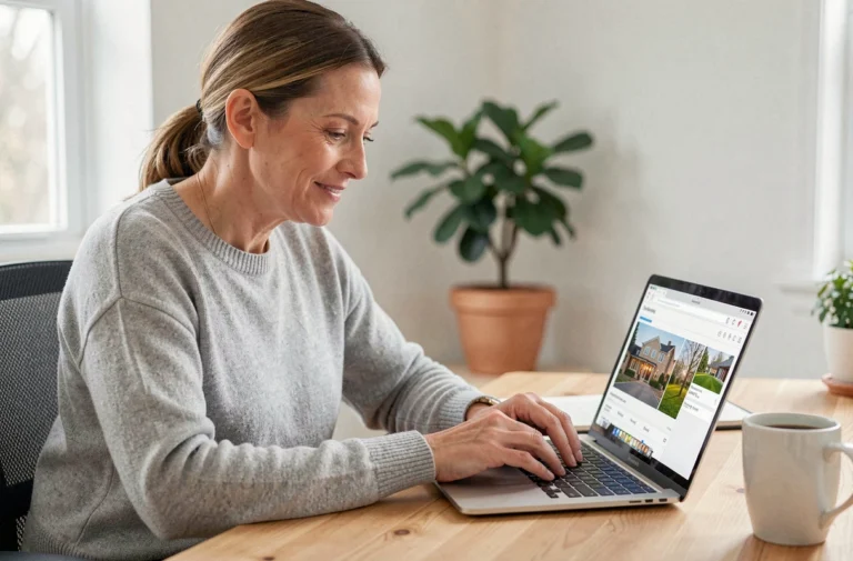 Femme consultant des annonces immobilières en ligne sur un ordinateur portable dans un bureau à domicile cosy