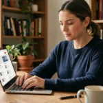 Femme cherchant des entreprises fiables en ligne sur son ordinateur portable depuis son bureau à domicile