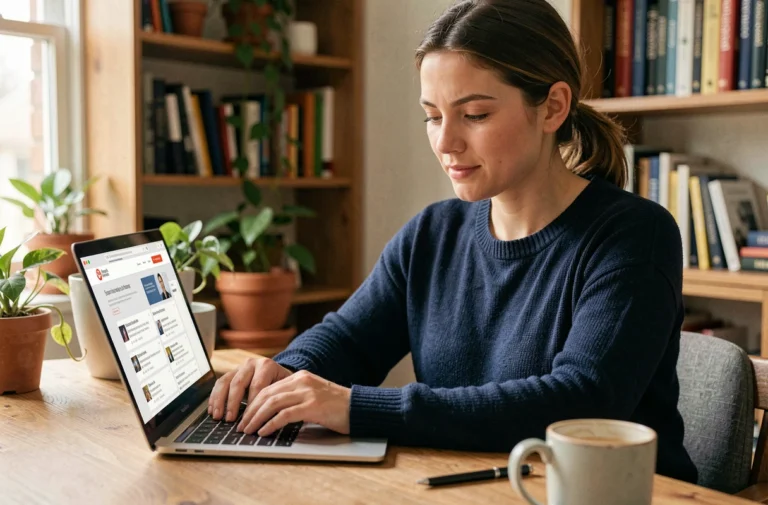 Femme cherchant des entreprises fiables en ligne sur son ordinateur portable depuis son bureau à domicile