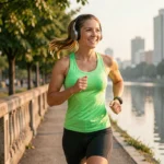 Femme motivée courant avec un casque sans fil sur un chemin urbain au bord de l'eau, illustrant l'énergie des chansons entraînantes