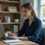 Femme travaillant depuis son bureau à domicile aménagé, concentrée sur son ordinateur portable dans un espace organisé et professionnel