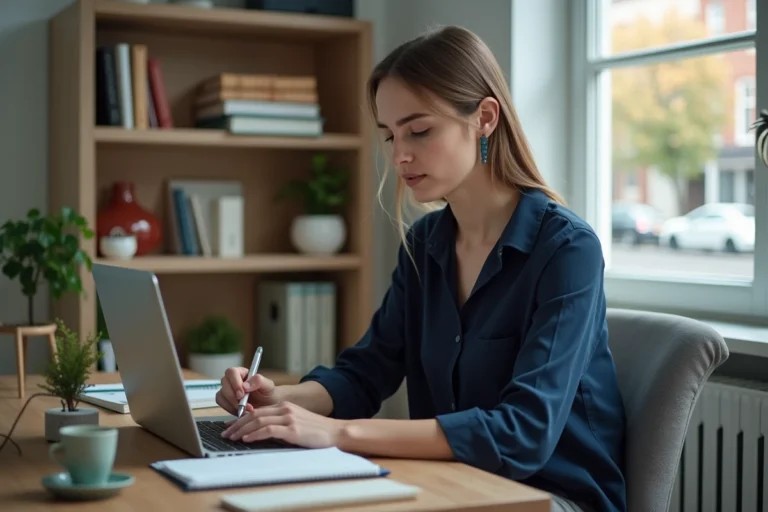 Femme travaillant depuis son bureau à domicile aménagé, concentrée sur son ordinateur portable dans un espace organisé et professionnel