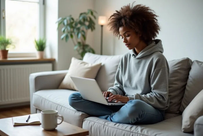 Femme analyste en trading crypto travaillant sur son laptop depuis son salon avec des données blockchain