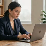 Femme professionnelle examinant attentivement un lien sécurisé sur son ordinateur portable dans un bureau moderne