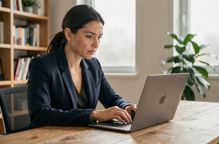 Femme professionnelle examinant attentivement un lien sécurisé sur son ordinateur portable dans un bureau moderne
