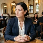 Femme élégante assise dans un café parisien, regard discret, illustrant la tension entre vie privée et exposition médiatique