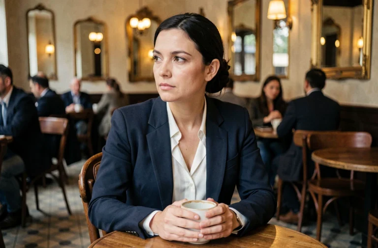 Femme élégante assise dans un café parisien, regard discret, illustrant la tension entre vie privée et exposition médiatique