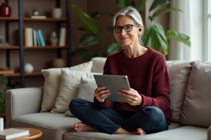 Femme en télétravail sur canapé participant à une visioconférence avec tablette et écouteurs, alliant confort personnel et professionnalisme