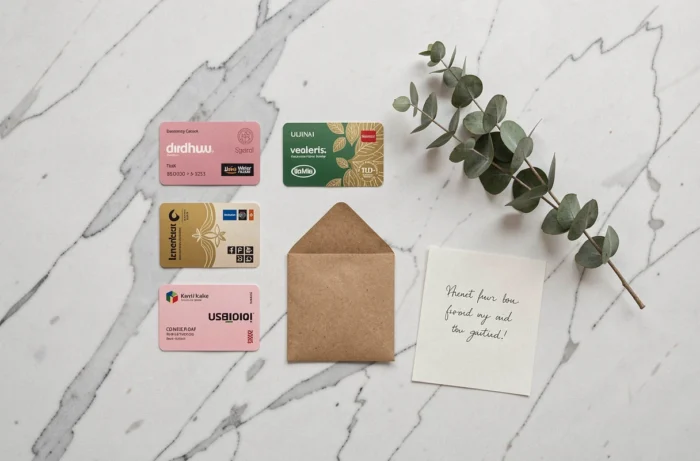 Sortiment von bunten Geschenkkarten, die auf weißem Marmor mit einer Kraftumschlag im Flat-Lay angeordnet sind